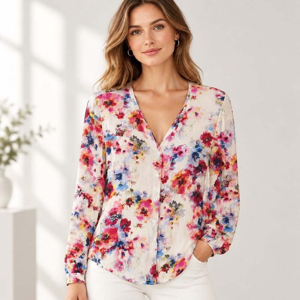 Karen Kane V-Neck Button Down Blouse Size M Multicolor Floral Viscose